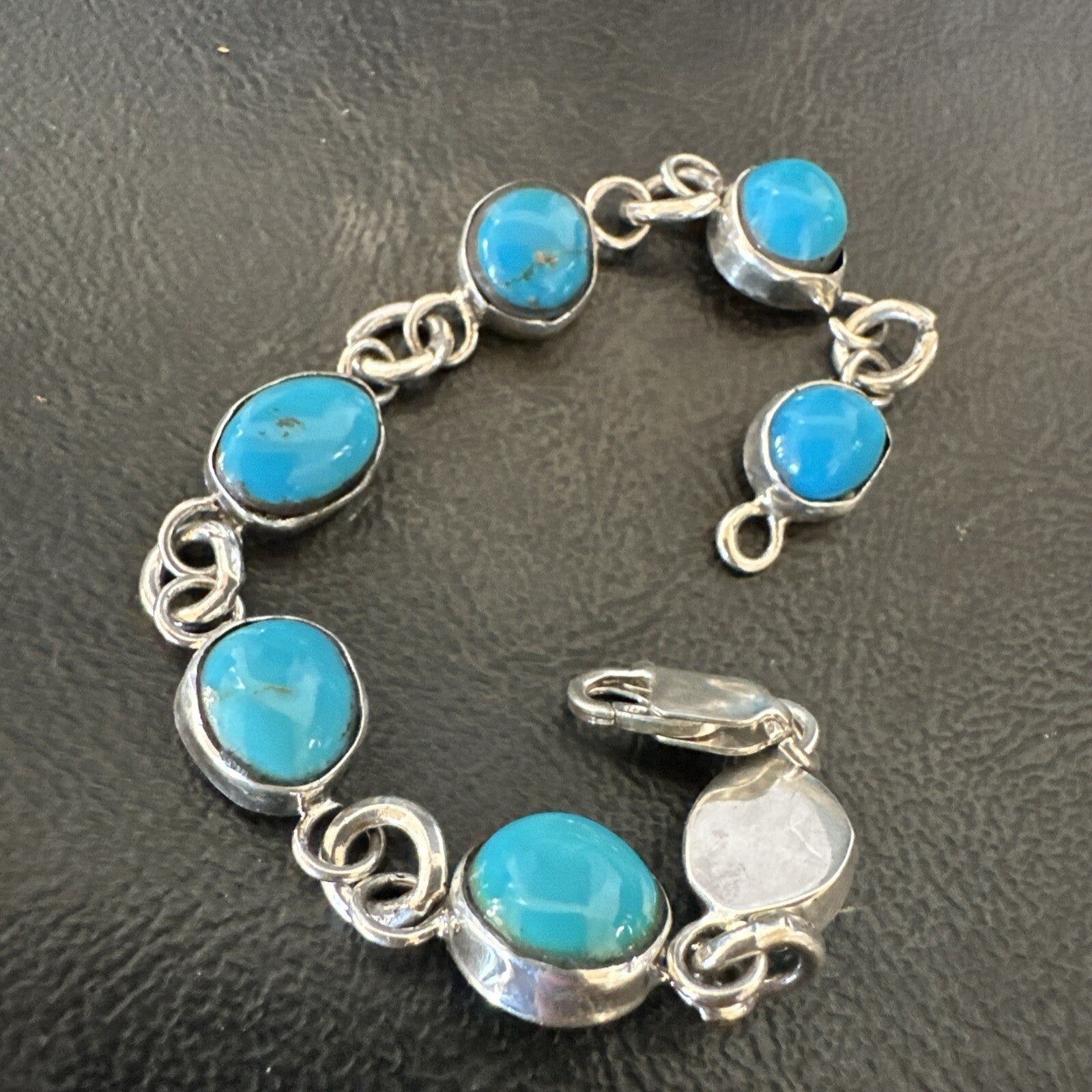 Blue Kingman Turquoise Navajo Sterling Silver Link Bracelet 7” 18299