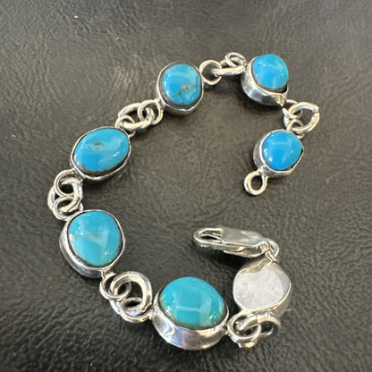 Blue Kingman Turquoise Navajo Sterling Silver Link Bracelet 7” 18299