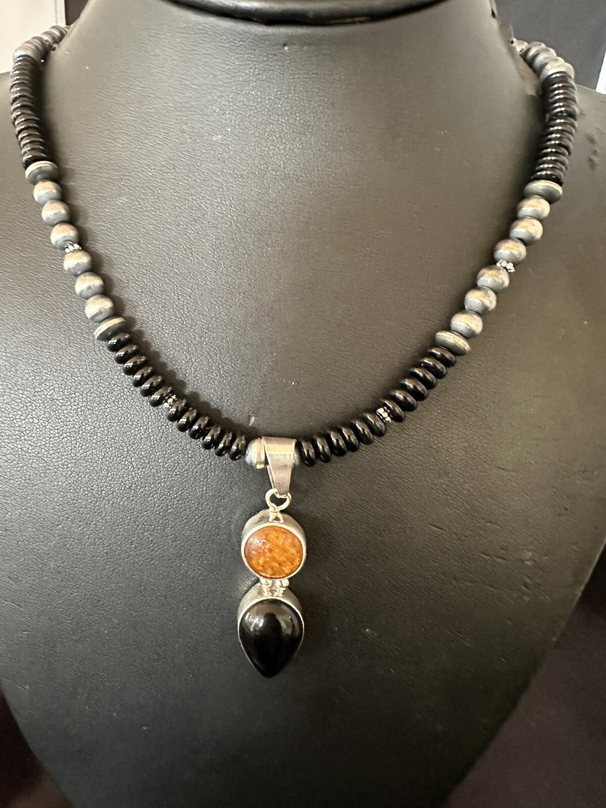 Mens Womens Black Onyx Amber Pendant Navajo Sterling Silver Necklace 18335