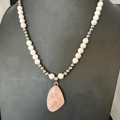 Southwestern Sterling Silver Pink Queen Conch Bead Necklace Pendant 20" 19556