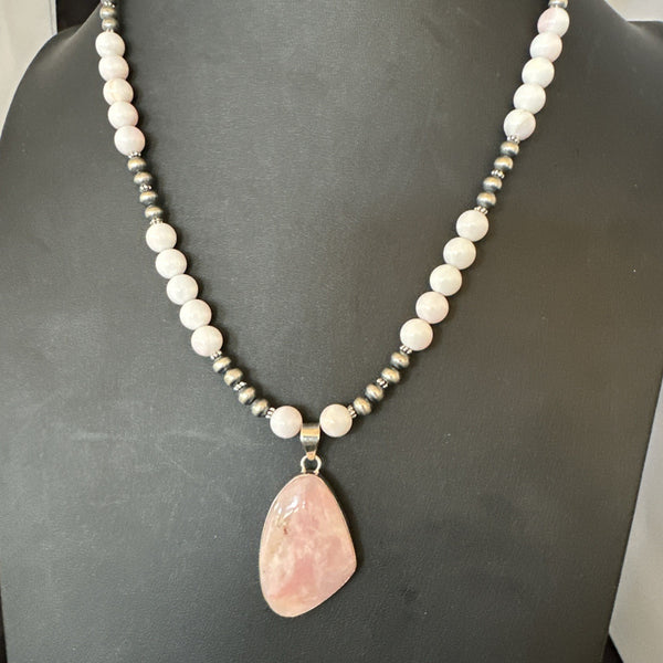 Southwestern Pink Queen Conch Bead Necklace Pendant 20" | Sterling Silver | Authentic Native American Handmade | 19556