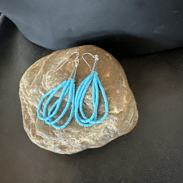 Blue Turquoise 3 Strand Heishi Dangle 2"Earrings | Sterling Silver | Authentic Native American Handmade | 18196