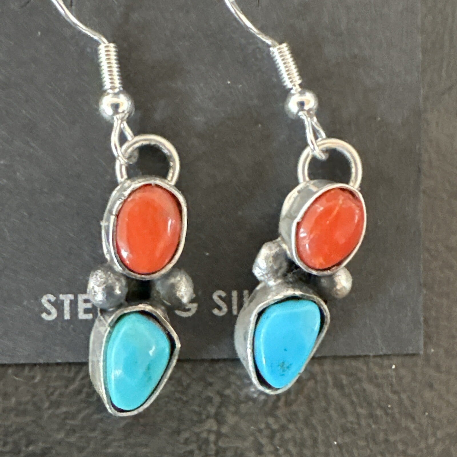 Handmade Blue Turquoise Red Coral Sterling Silver Navajo Dangle Earrings 18842