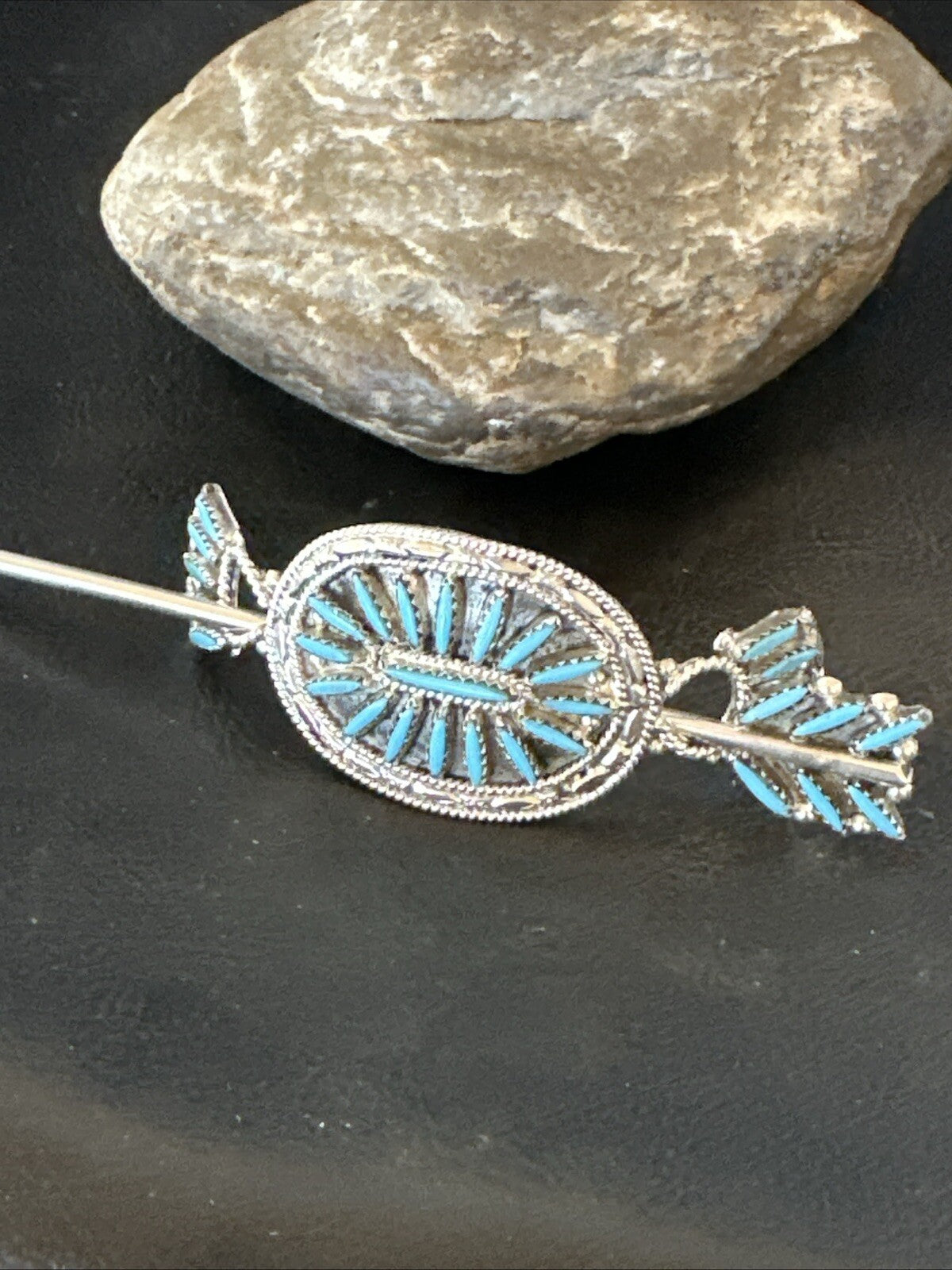 A Zuni Needle Point Sterling Silver Blue Turquoise Hair Barrette 4" 18622