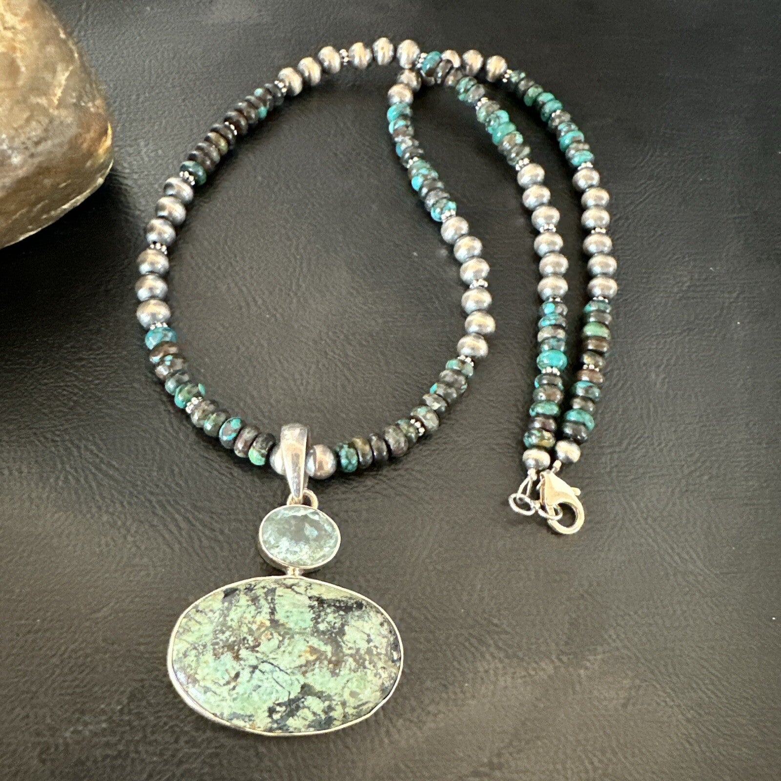 Mens Blue Spiderweb Turquoise Pendant Navajo Sterling Silver Necklace 18067