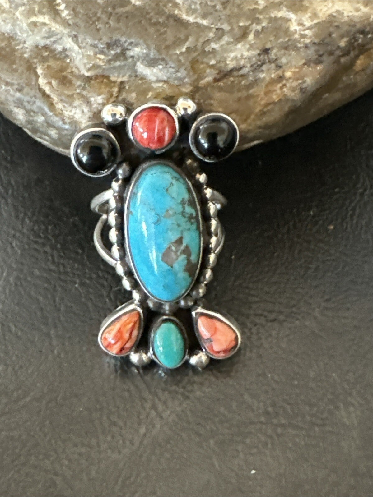 Cluster Blue Turquoise Spiny Oyster Onyx Sterling Silver Ring Size 9 18560