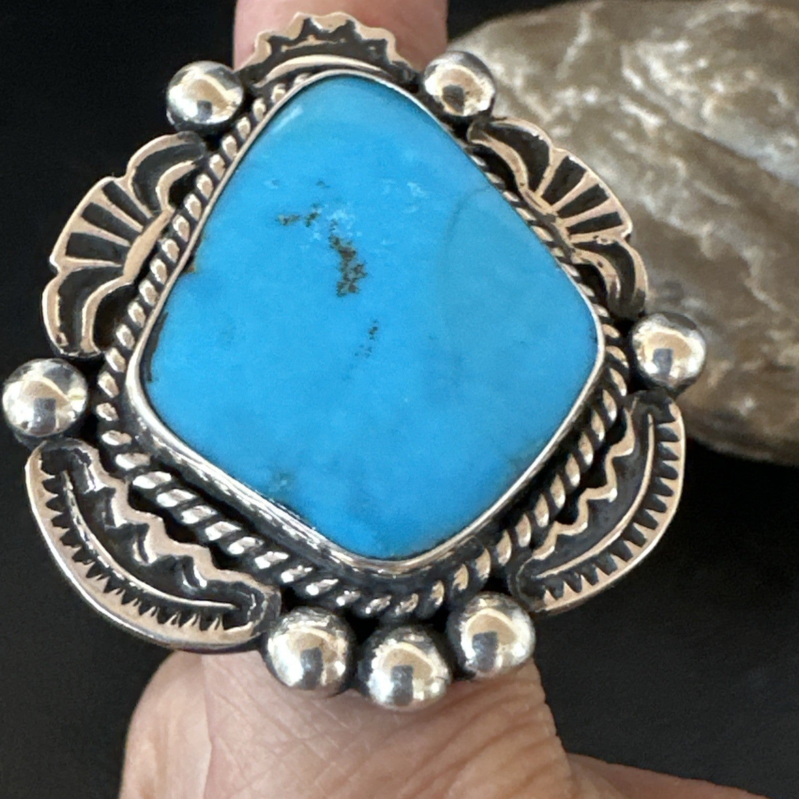Handmade Navajo Sterling Silver  Blue Kingman Turquoise Ring Size 9.75 19622