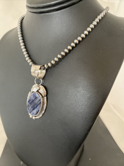 Mens Lapis Lazuli Pendant Sterling Silver Beads Necklace 1210