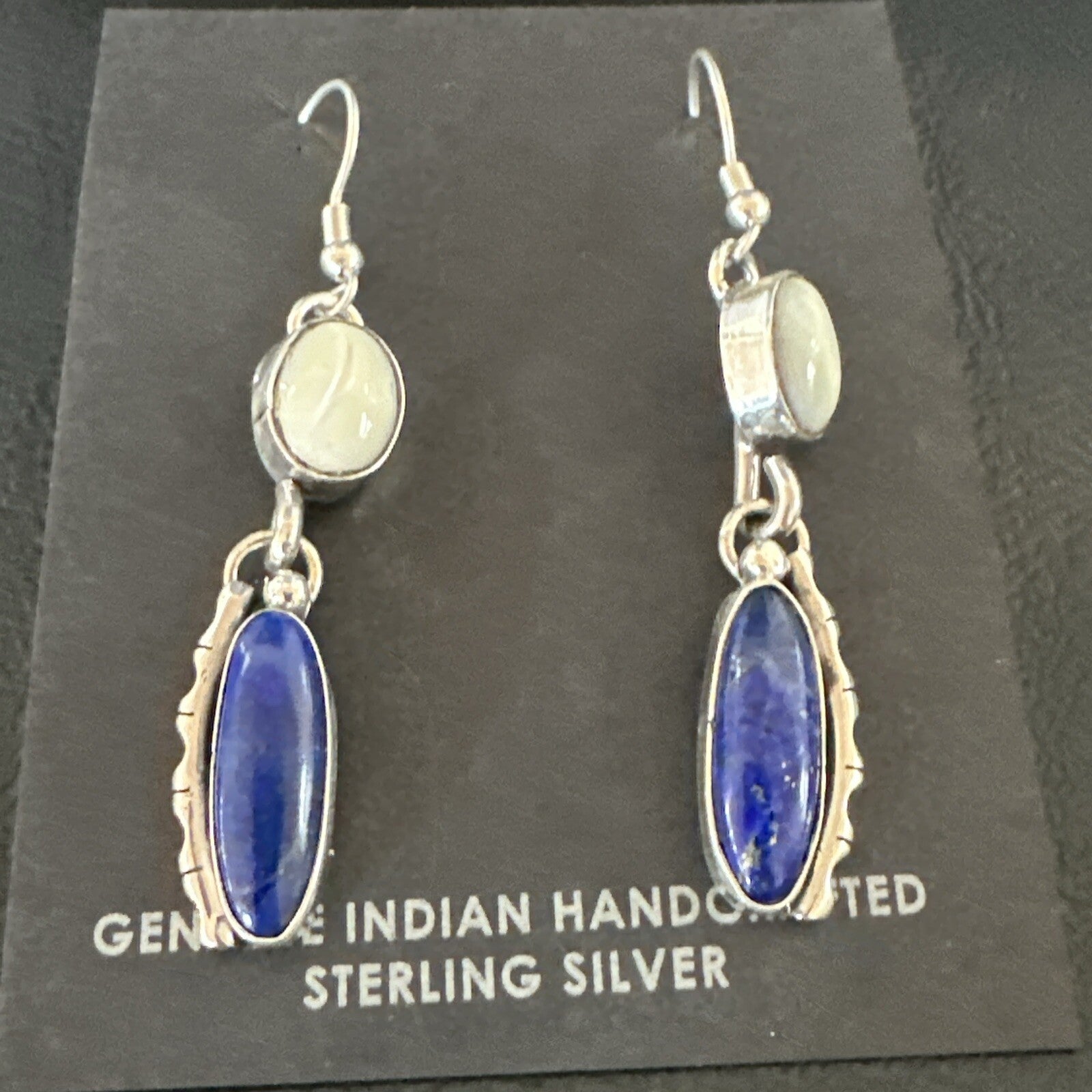Navajo White MOP Blue Lapis Sterling Silver Dangle Earrings 18183