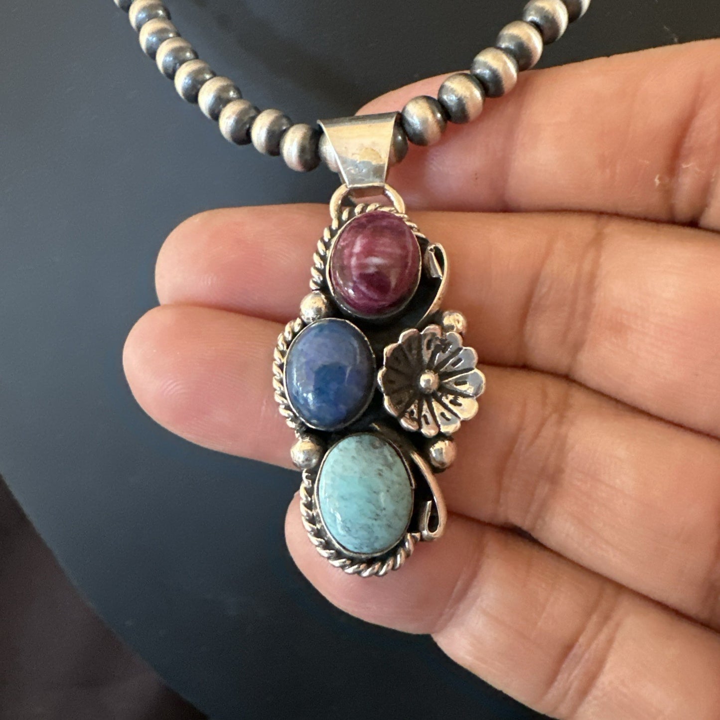 Multicolor Turquoise Spiny Navajo Sterling Silver Cluster Pendant Necklace 19312