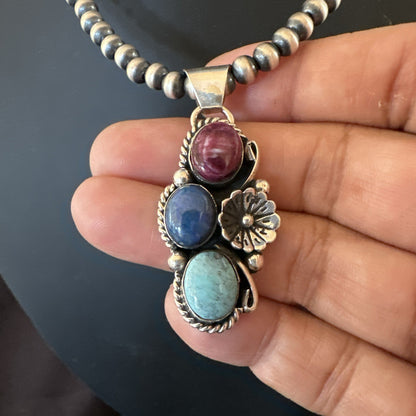 Multicolor Turquoise Spiny Navajo Sterling Silver Cluster Pendant Necklace 19312