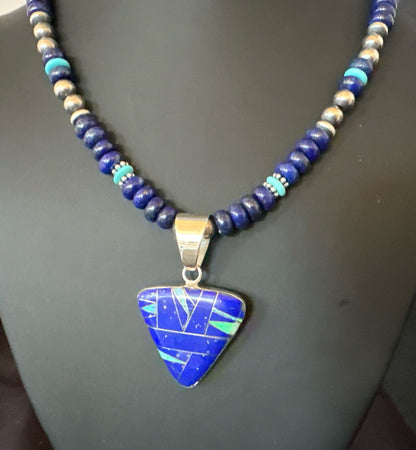 Lapis Opal Inlay Pendant Navajo Pearls Turquoise Sterling Silver Necklace 19182
