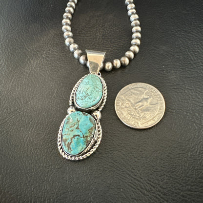 Blue Turquoise 2 Stone Navajo Sterling Silver Cluster Pendant 18191