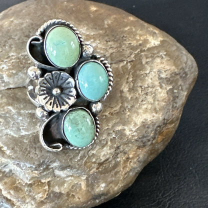 Yazzie Ring Green Turquoise Navajo Sterling Silver Cluster Size 8 19206