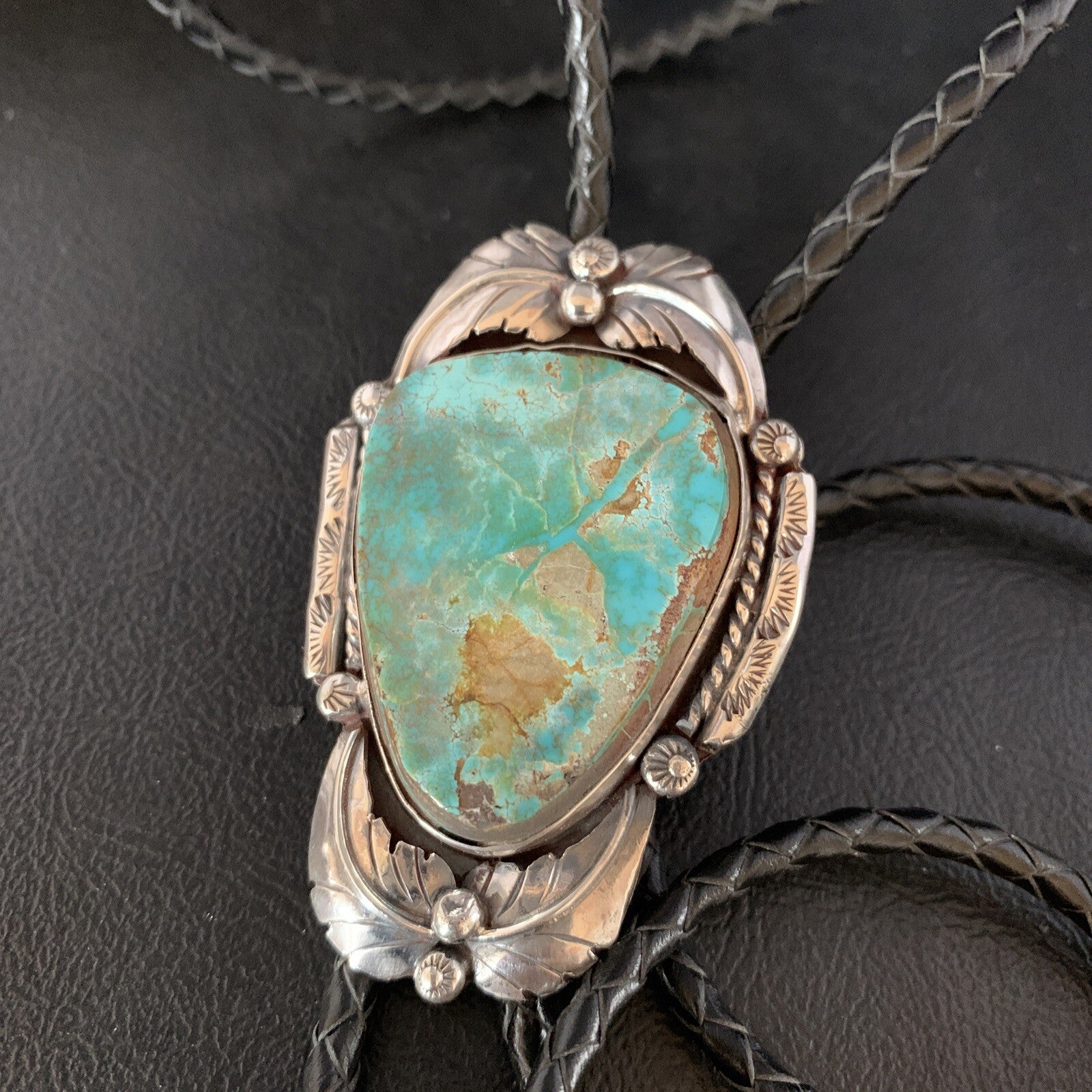 Native Mens Bolo Tie Green Royston Turquoise Sterling Silver Navajo 14108N
