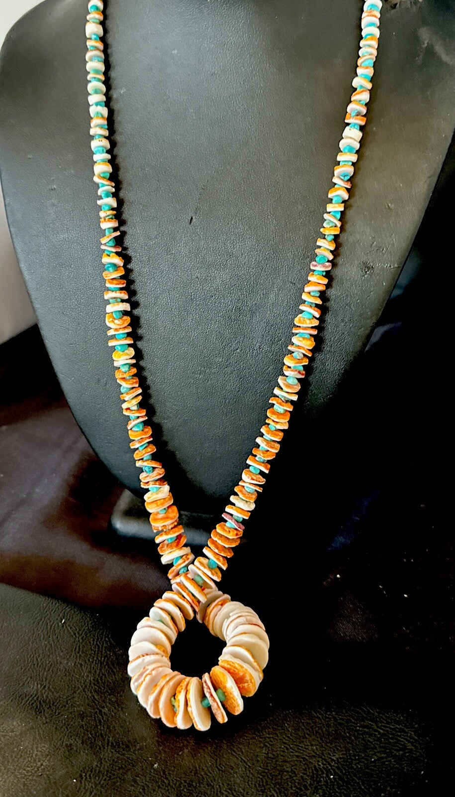 Blue Turquoise Orange Spiny Oyster Santo Domingo Necklace 30”17758