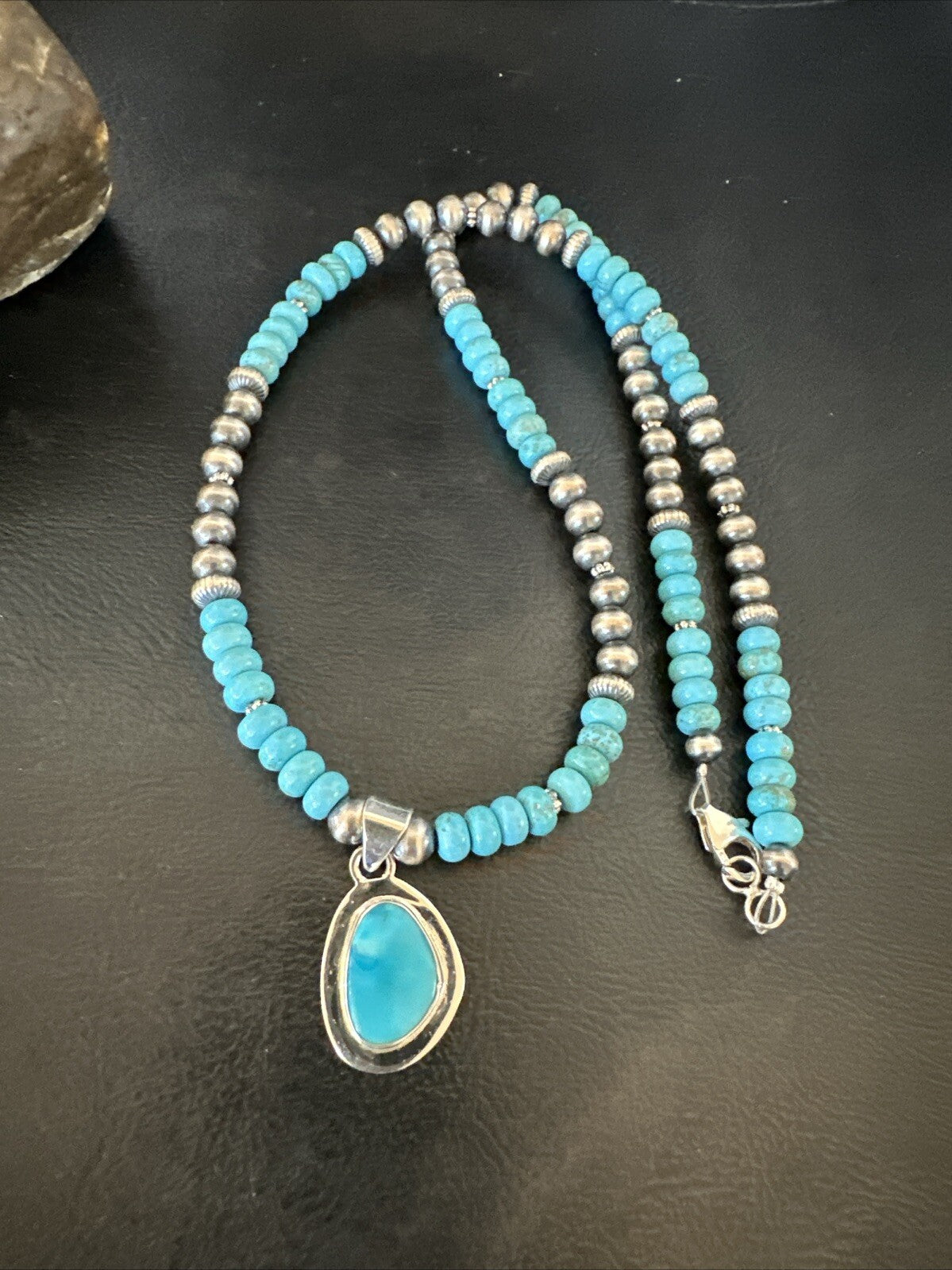 Mens Blue Kingman Turquoise Pendant Navajo Sterling Silver Necklace 21" 18382