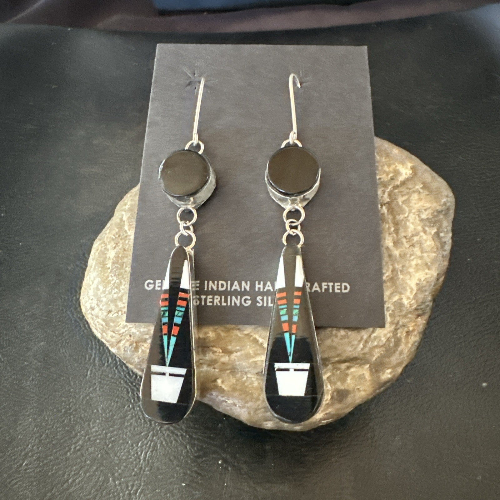 XL Navajo Onyx Turquoise Coral Inlay Earrings Sterling Silver Handmade 19774