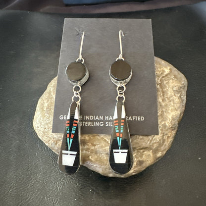 XL Navajo Onyx Turquoise Coral Inlay Earrings Sterling Silver Handmade 19774