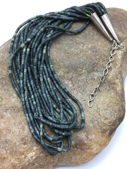 Southwestern Green Agate Heishi 10 Strand Sterling Silver Necklace 16" 04351