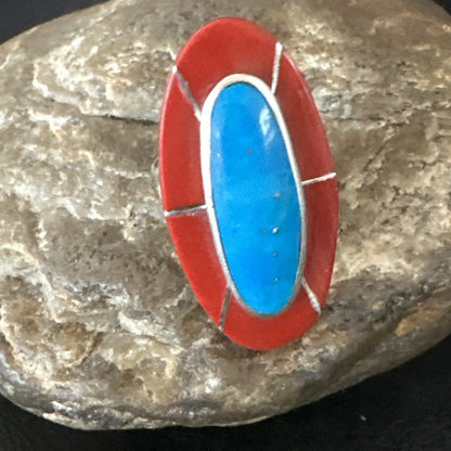 Blue Turquoise Coral Navajo Sterling Silver Ring Size 7.5 18767