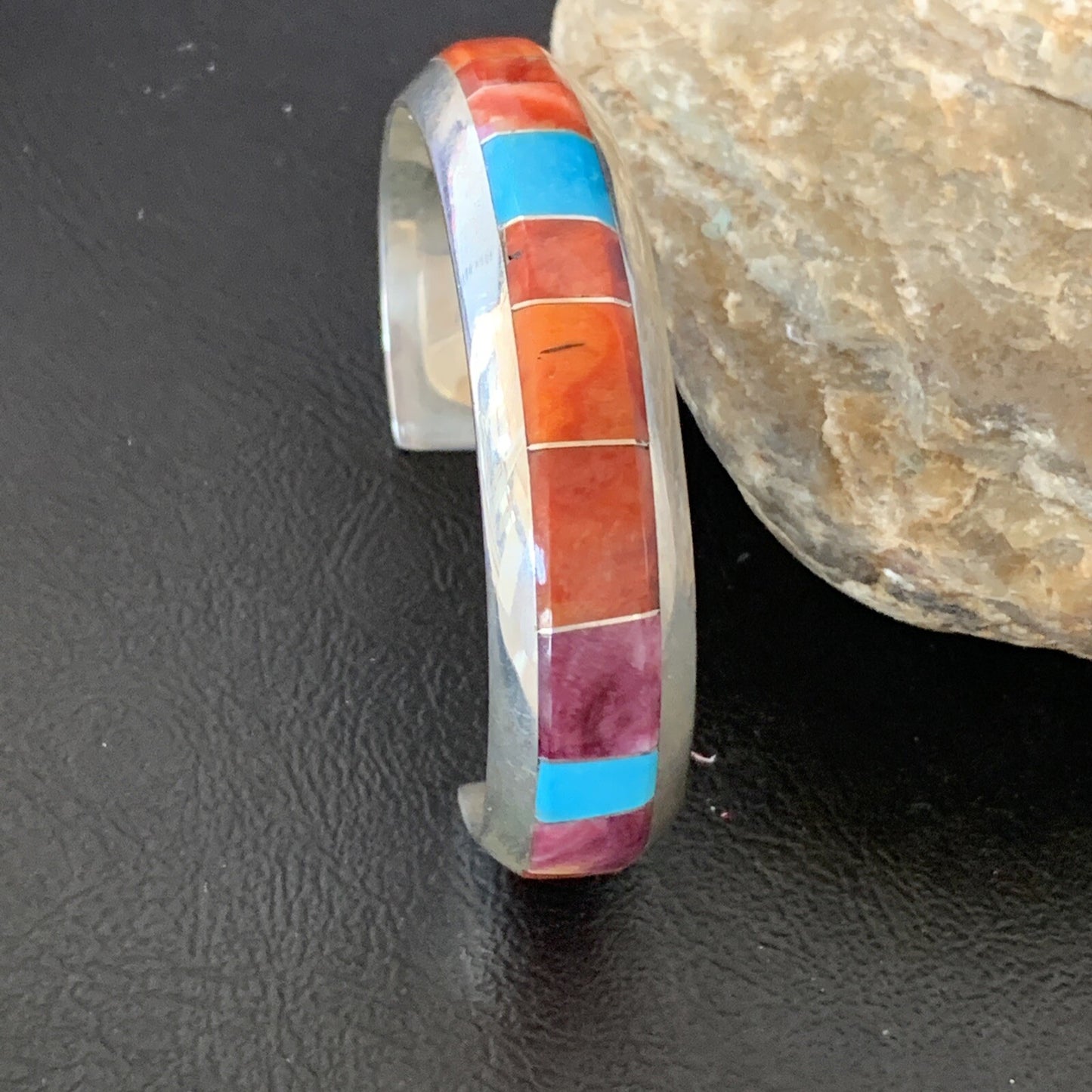 Mens Red Spiny & Turquoise Navajo Sterling Silver Inlay Bracelet 1647