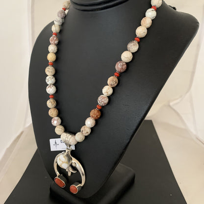 White Buffalo Turquoise Coral Naja Pendant Navajo Sterling Silver Necklace 01434