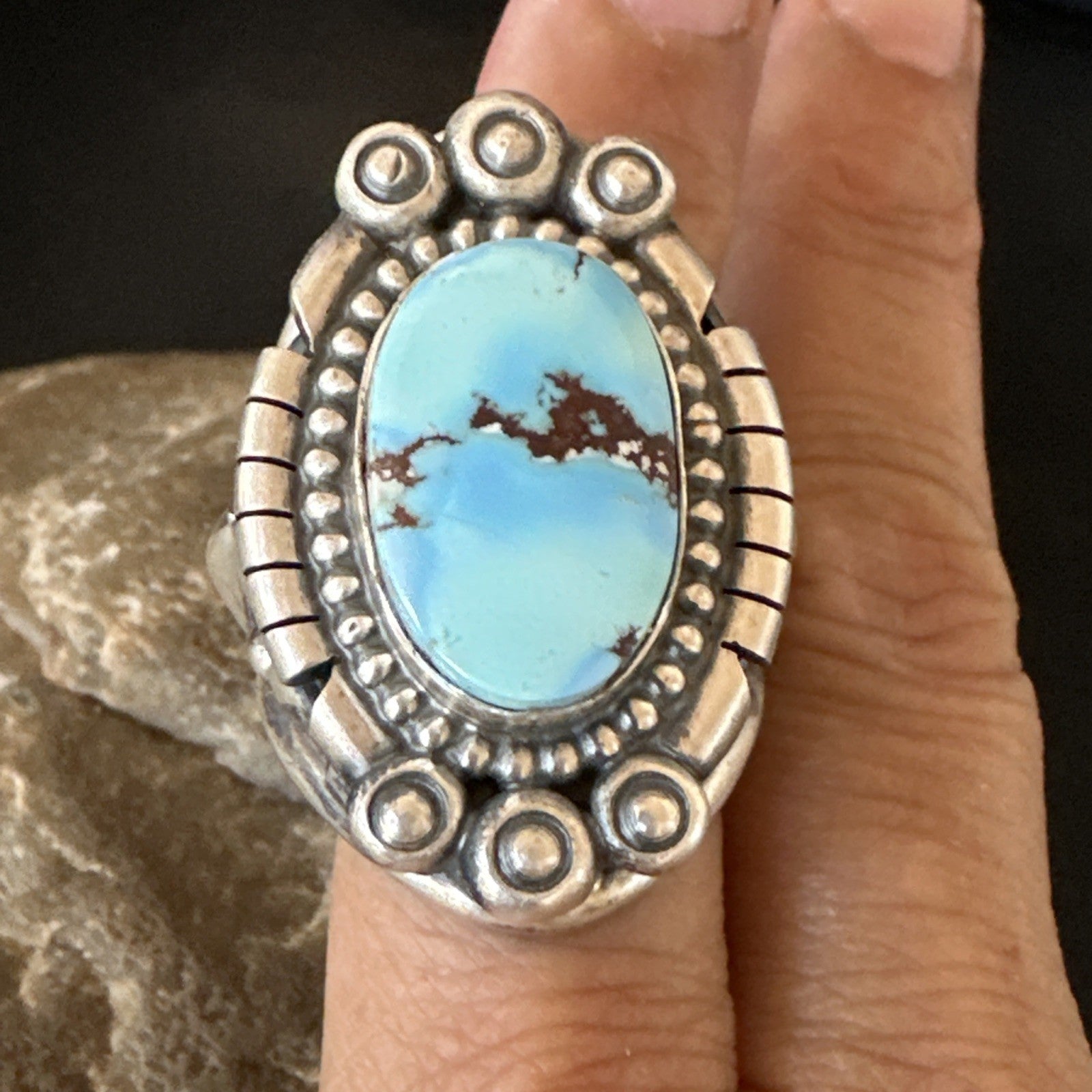 Handmade Navajo Sterling Silver  Blue Kingman Turquoise Ring Size 9 19621