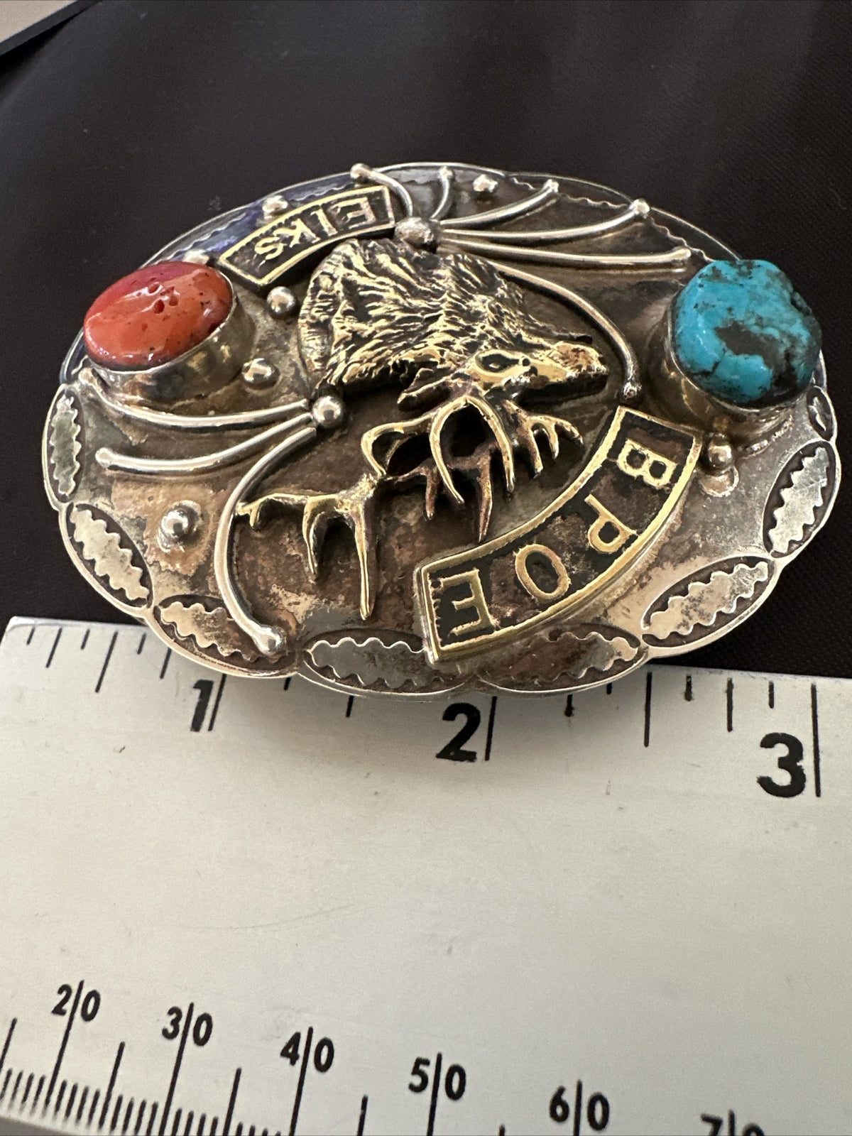 Elk Blue Turquoise Coral Navajo Sterling Silver Concho Belt Buckle 17972