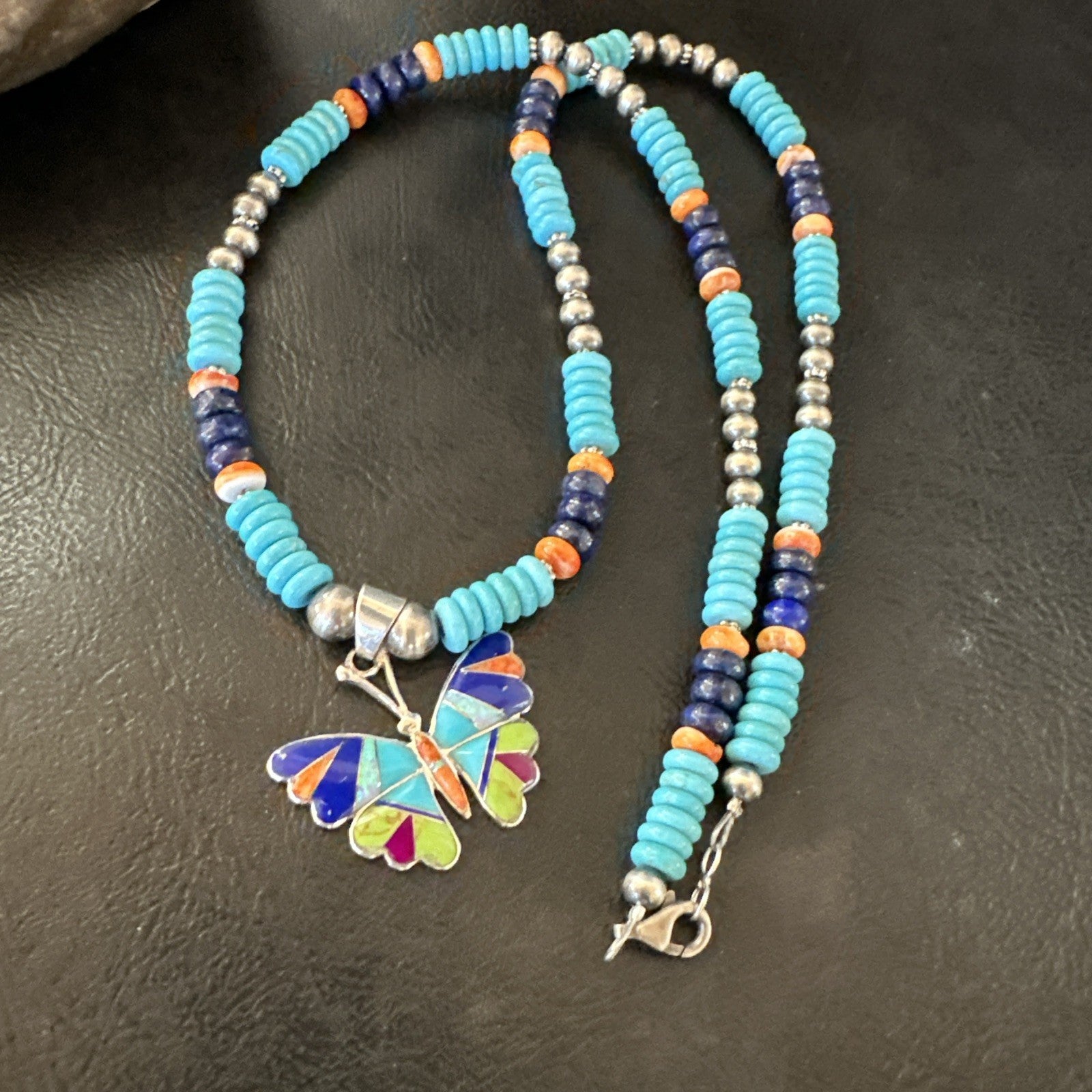 Butterfly Multicolor Turquoise Pendant Navajo Sterling Silver Necklace 19652