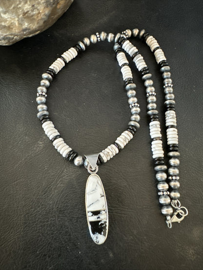 White Buffalo Turquoise Navajo Pearls Sterling Silver Onyx Necklace 17804
