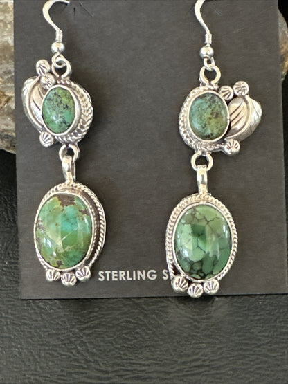 Native Navajo Green Turquoise Sterling Silver Dangle Earrings 2” 17696