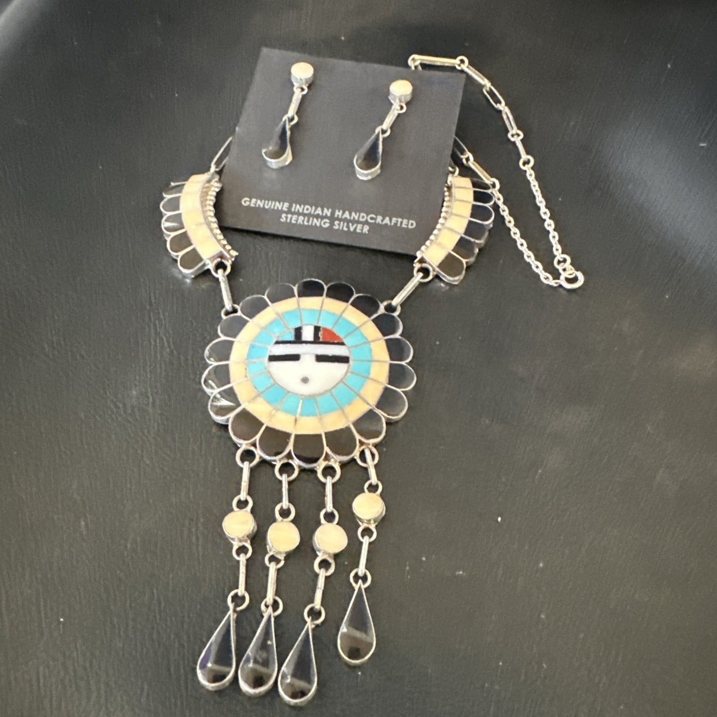 Sunface Spiny Onyx Turquoise Zuni Sterling Silver Necklace 18" Earrings 19115