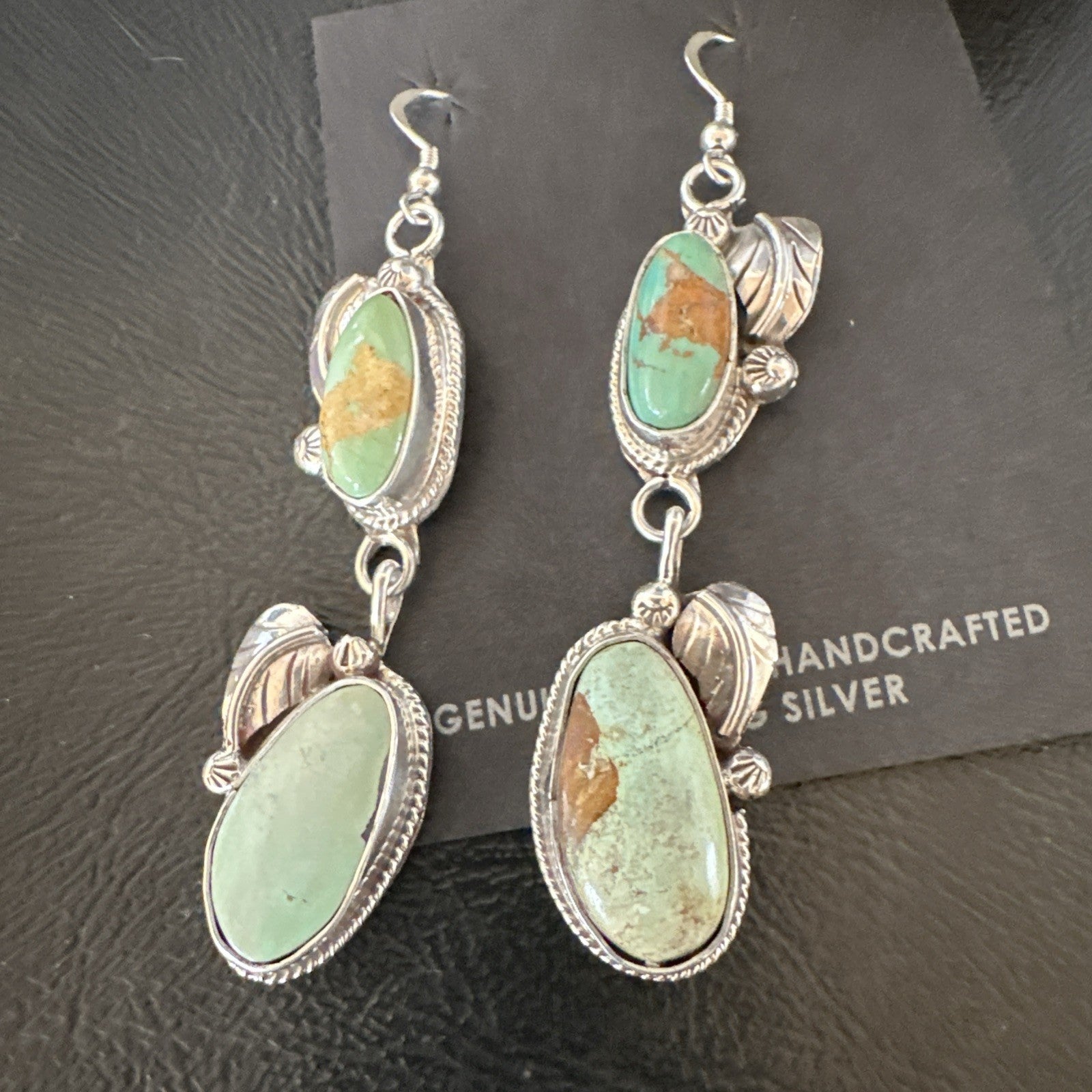 Green Royston Turquoise Navajo Sterling Silver Dangle Earrings 19603
