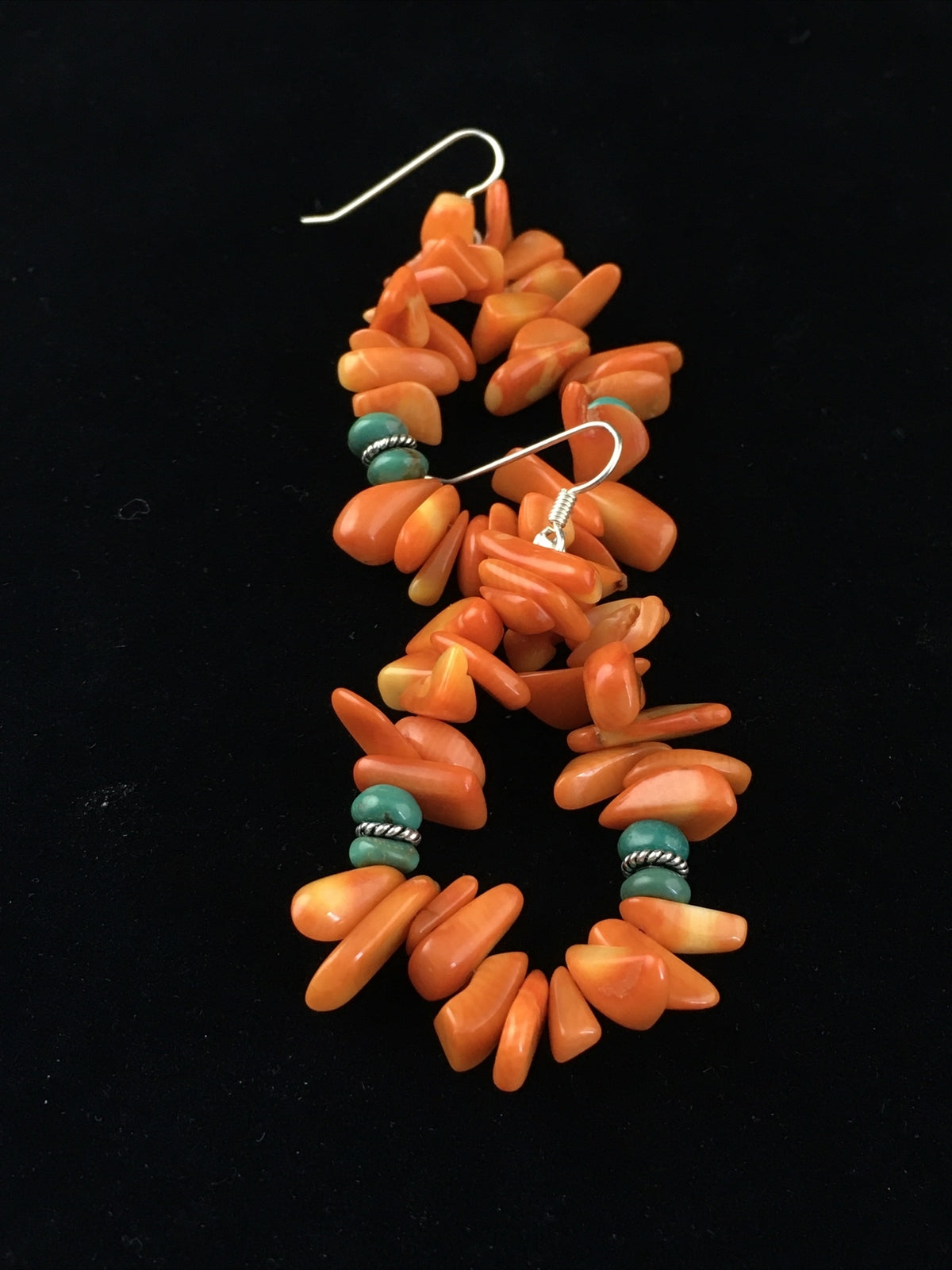 Orange Coral & Turquoise Navajo Sterling Silver Earrings 01776