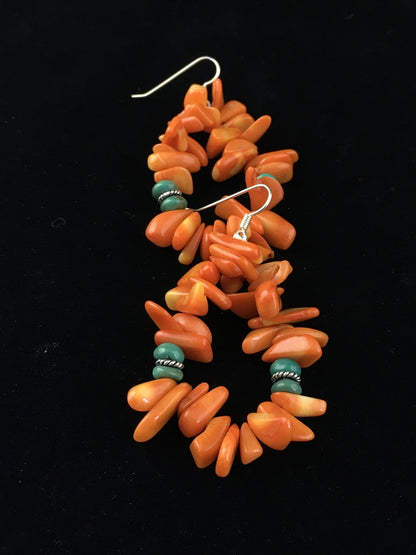 Orange Coral & Turquoise Navajo Sterling Silver Earrings 01776
