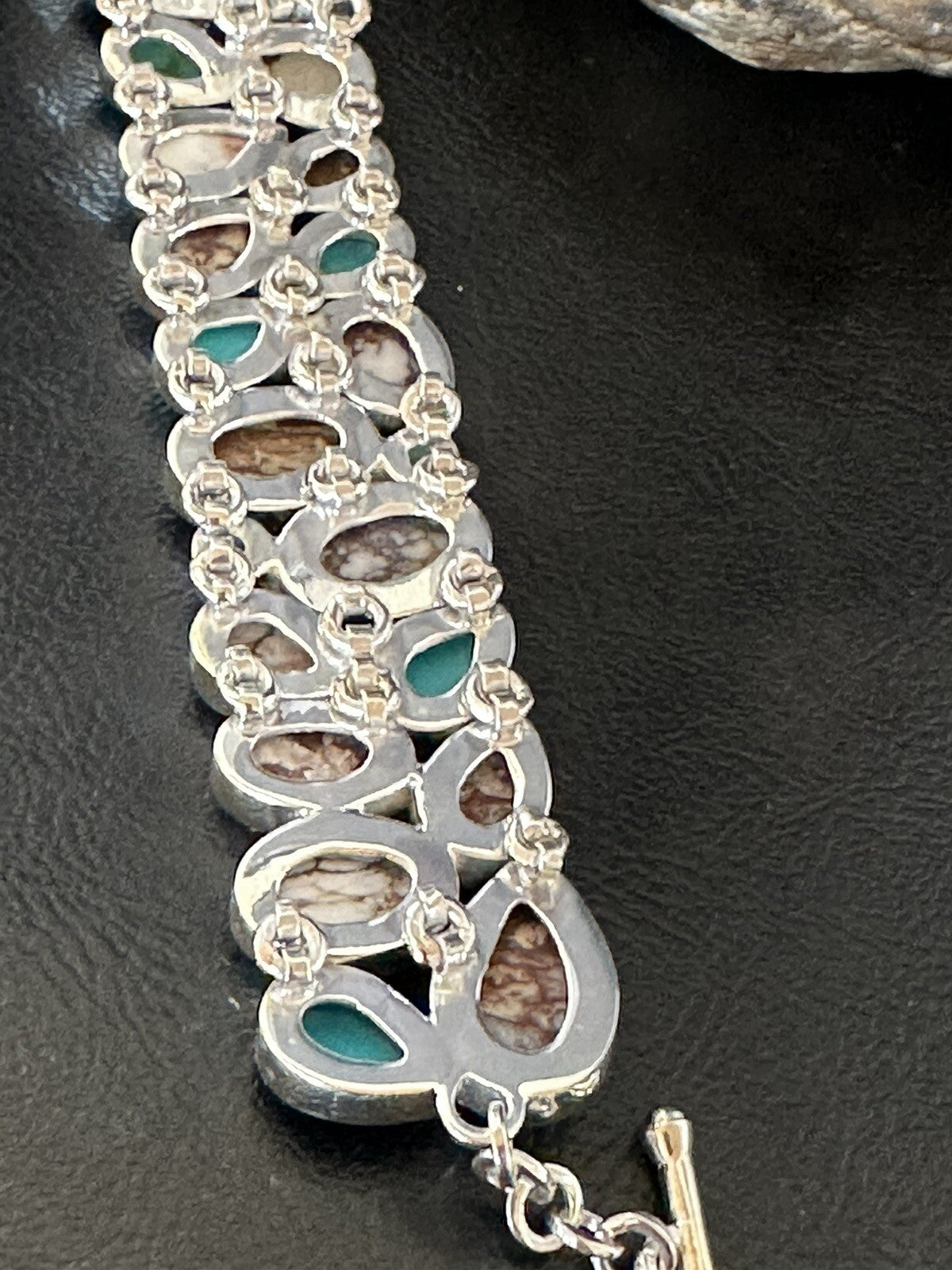 WoMen Blue Wild Horse Turquoise Sterling Silver Southwestern Link Bracelet 17973