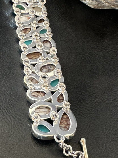 WoMen Blue Wild Horse Turquoise Sterling Silver Southwestern Link Bracelet 17973