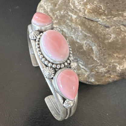 Navajo Pink Conch 3 Stone Sterling Silver Cuff Bracelet 18851
