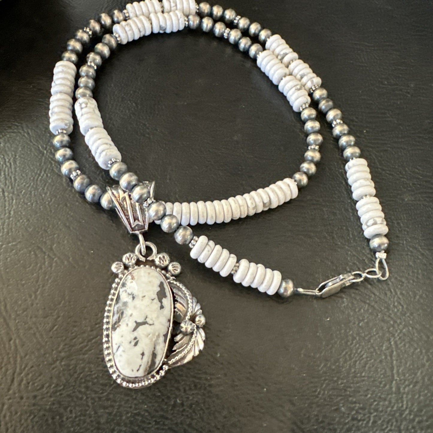 White Buffalo Turquoise Pendant Navajo Pearls Sterling Silver Necklace 20” 19498