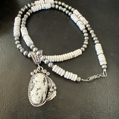 White Buffalo Turquoise Pendant Navajo Pearls Sterling Silver Necklace 20” 19498