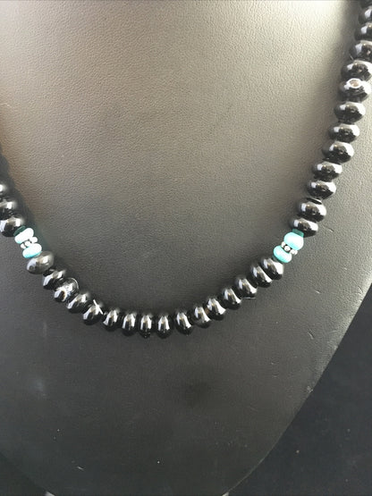 Black Onyx & Turquoise Navajo Sterling Silver Necklace 18" 10022