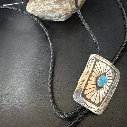Mens Blue Kingman Turquoise Stamped Navajo Sterling Silver Bolo Tie 2” 19302