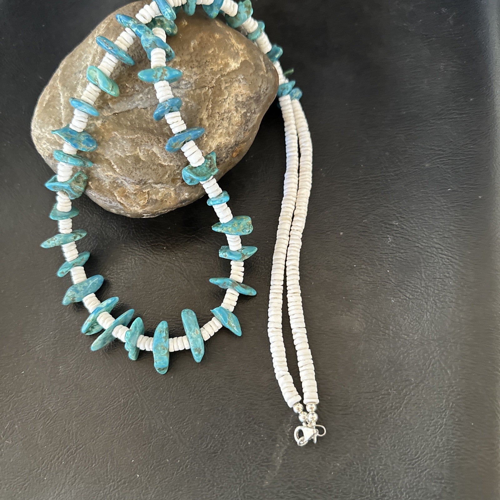Blue Turquoise White Shell Navajo Sterling Silver Necklace 31" 19719