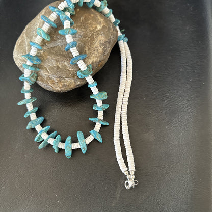 Blue Turquoise White Shell Navajo Sterling Silver Necklace 31" 19719