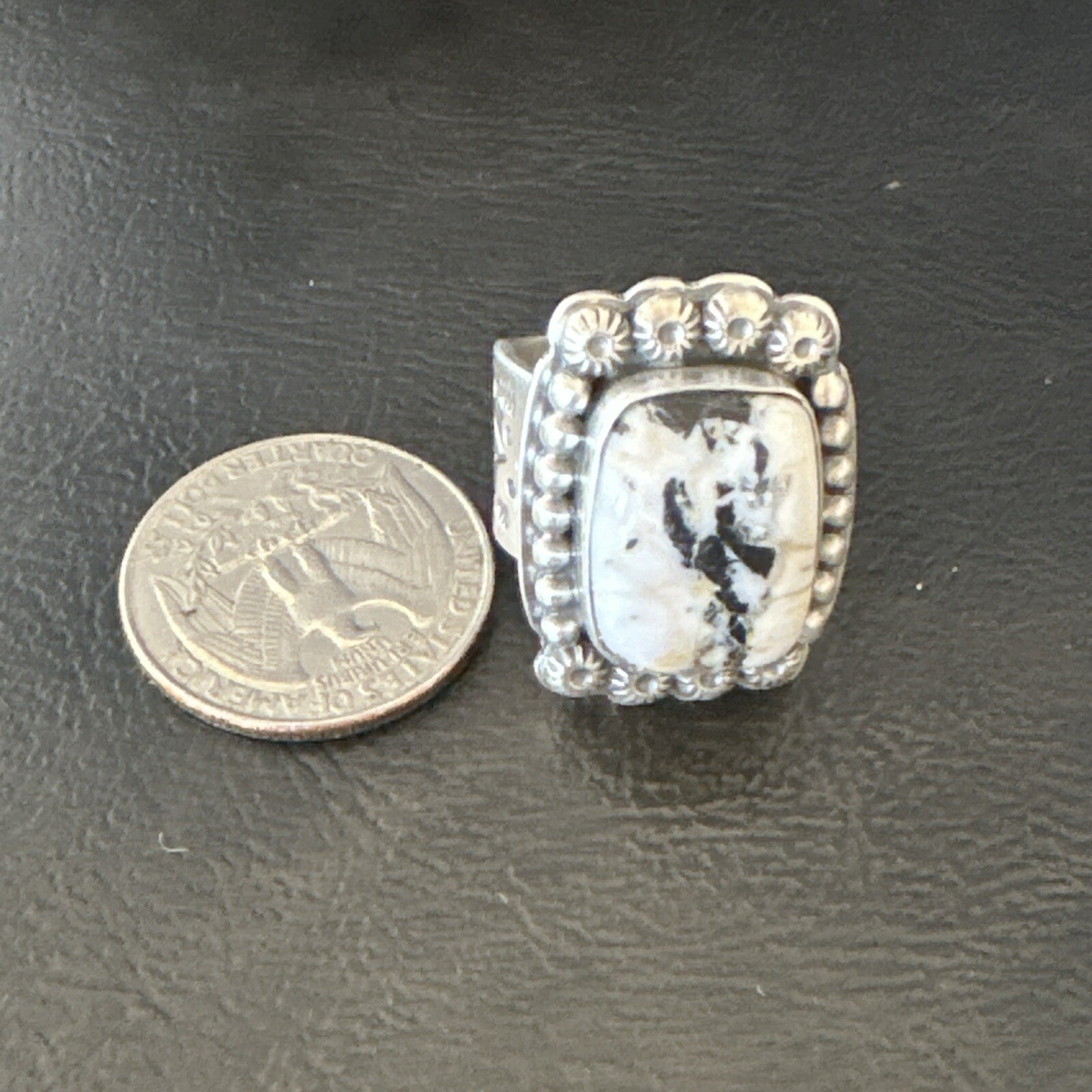 White Buffalo Turquoise Navajo Sterling Silver Ring Size 8 18777
