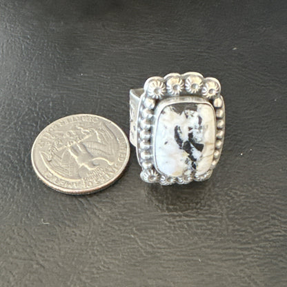 White Buffalo Turquoise Navajo Sterling Silver Ring Size 8 18777