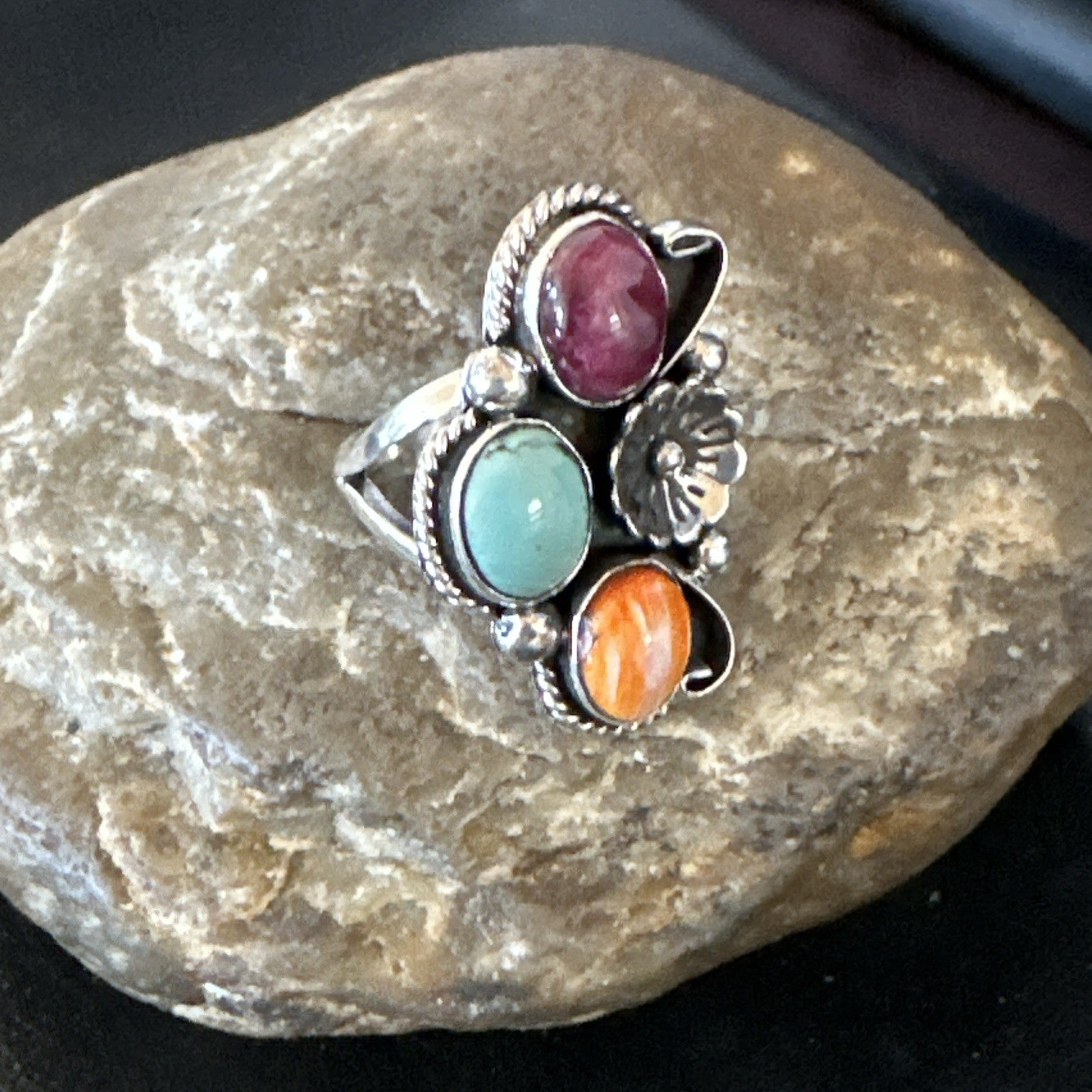 Multicolor Ring Turquoise Spiny Navajo Sterling Silver Cluster Size 9 19172