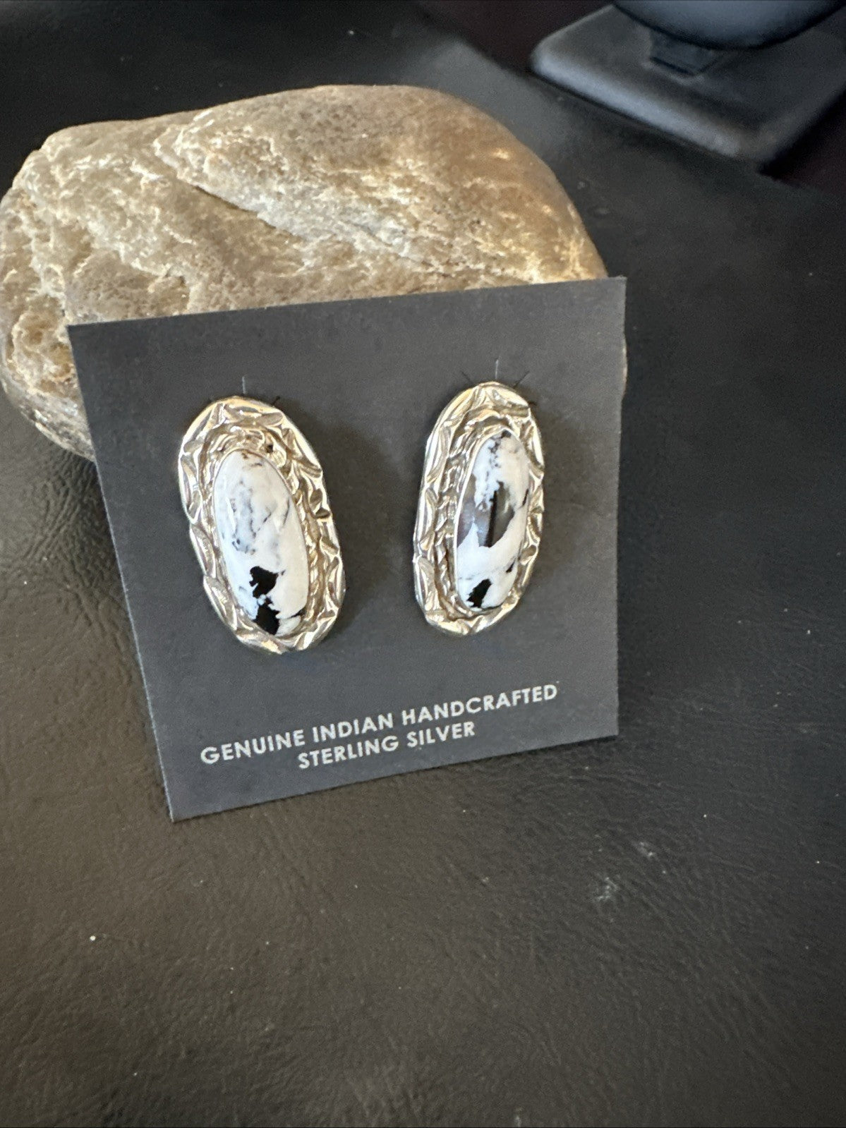 Women White Buffalo Turquoise Navajo Sterling Silver Post Earrings 19094