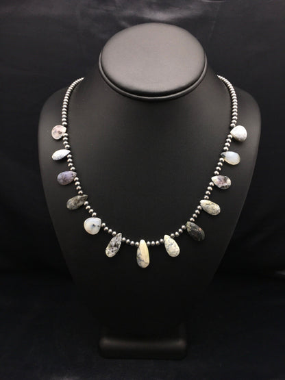 Black Rutile & Opal Pear Shaped Navajo Pearls Sterling Silver Necklace 4092